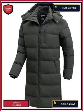 Men's Extra Long Winter Puffer Jacket Waterproof Parka Removable Hood